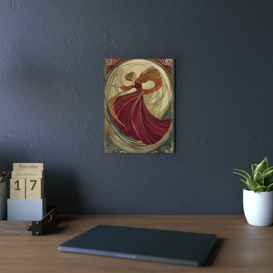 Art Nouveau Woman in Flowing Red Dress - Metal Poster