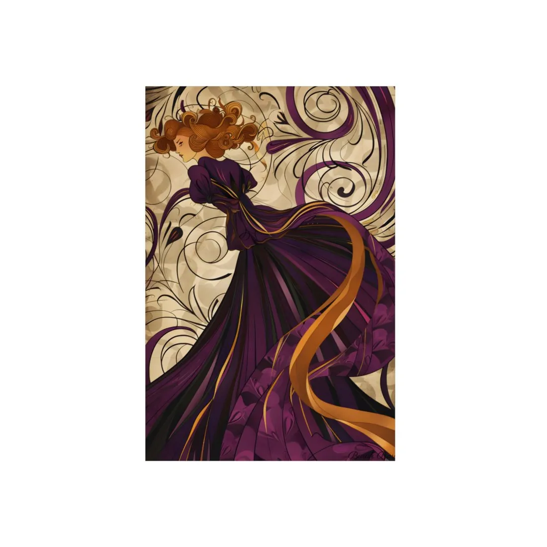 Art Nouveau Woman in Purple: Elegant Flowing Dress - Metal Poster