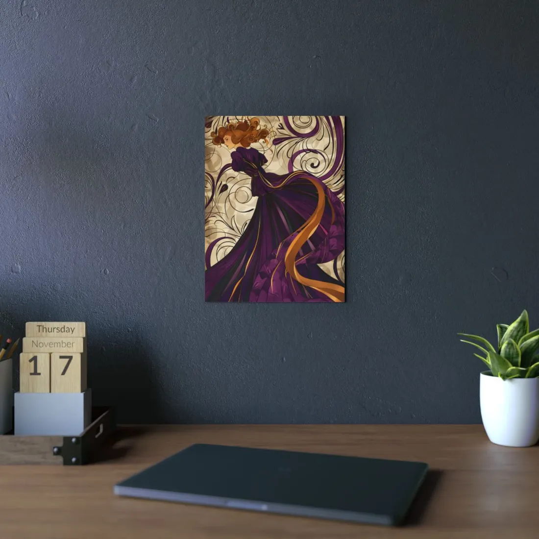 Art Nouveau Woman in Purple: Elegant Flowing Dress - Metal Poster