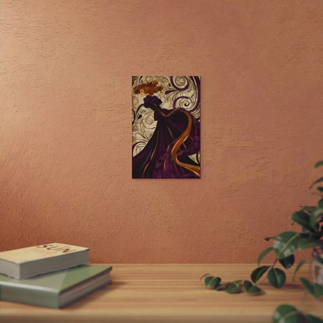 Art Nouveau Woman in Purple: Elegant Flowing Dress - Metal Poster