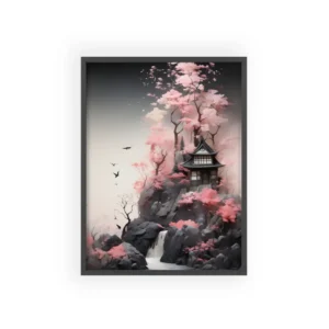Pagoda House Among Cherry Blossoms Framed Poster
