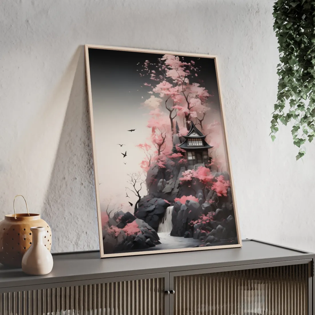 Ash Magenta Masterpiece: Rugged Landscape with Moss Green Forest - Framed Poster