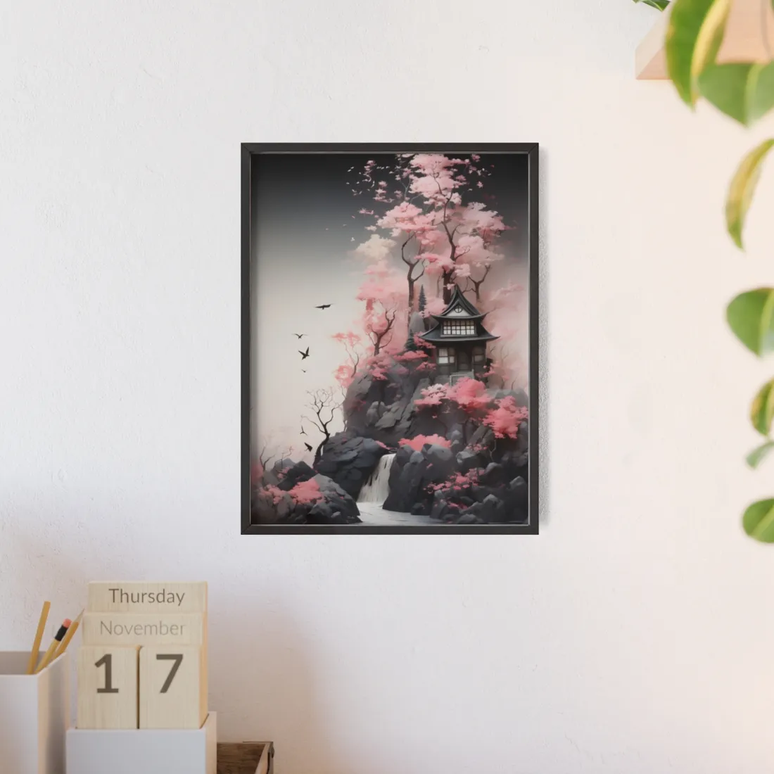 Ash Magenta Masterpiece: Rugged Landscape with Moss Green Forest - Framed Poster