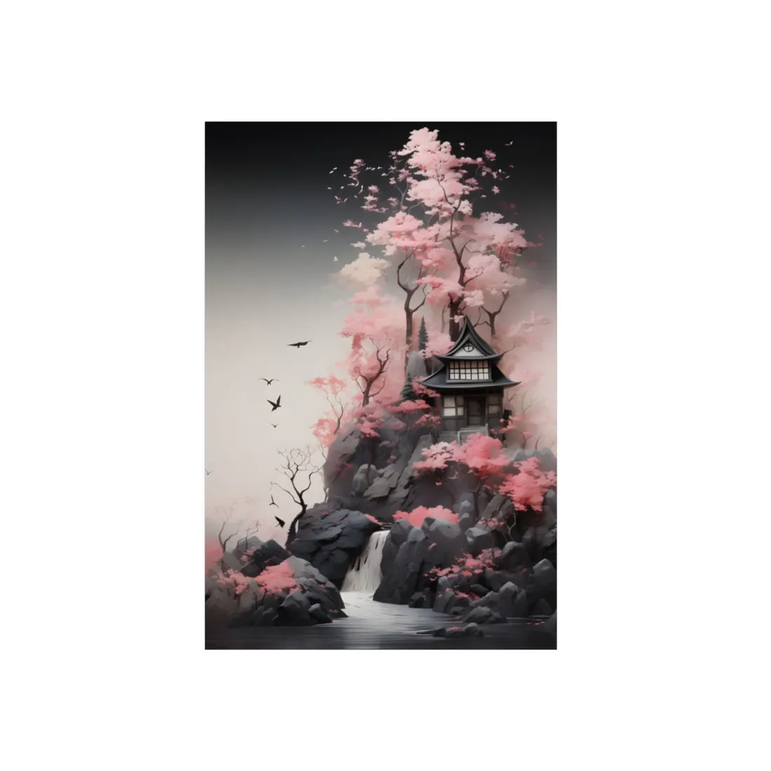 Ash Magenta Masterpiece: Rugged Landscape with Moss Green Forest - Metal Poster