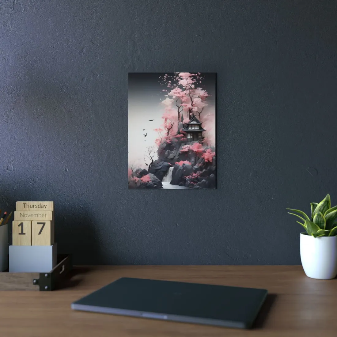 Ash Magenta Masterpiece: Rugged Landscape with Moss Green Forest - Metal Poster