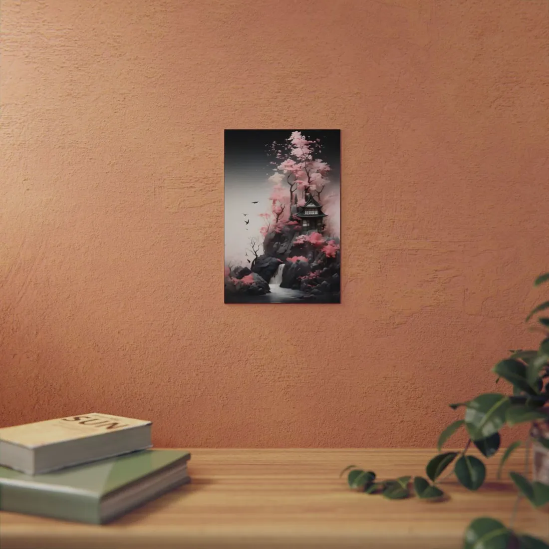 Ash Magenta Masterpiece: Rugged Landscape with Moss Green Forest - Metal Poster