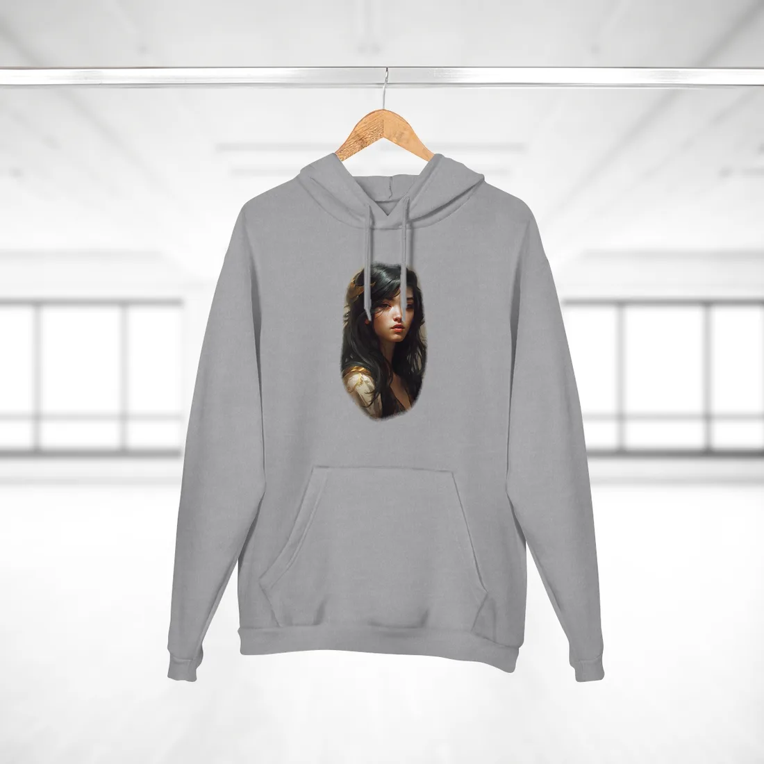 Painted portrait of a woman with long dark hair and a gold hair ornament – Hoodie, black, view 2