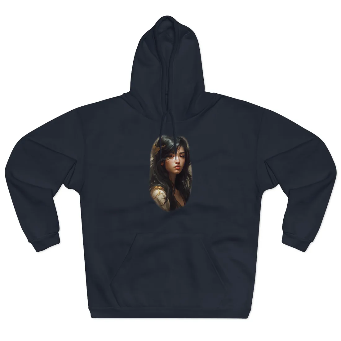 Painted portrait of a woman with long dark hair and a gold hair ornament – Hoodie, black, view 3