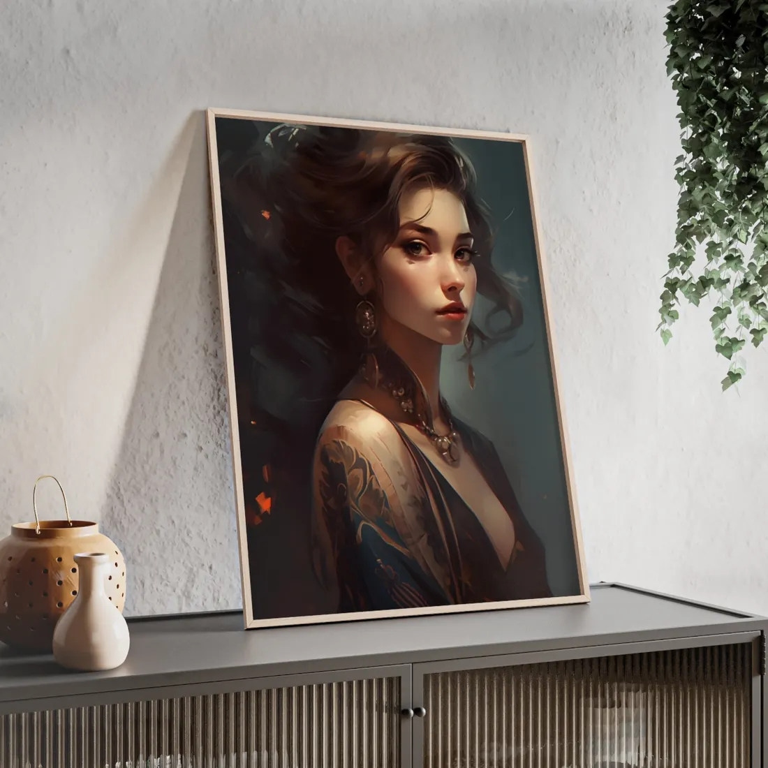 Astonishing Brunette Portrait: Elegant Female - Framed Poster