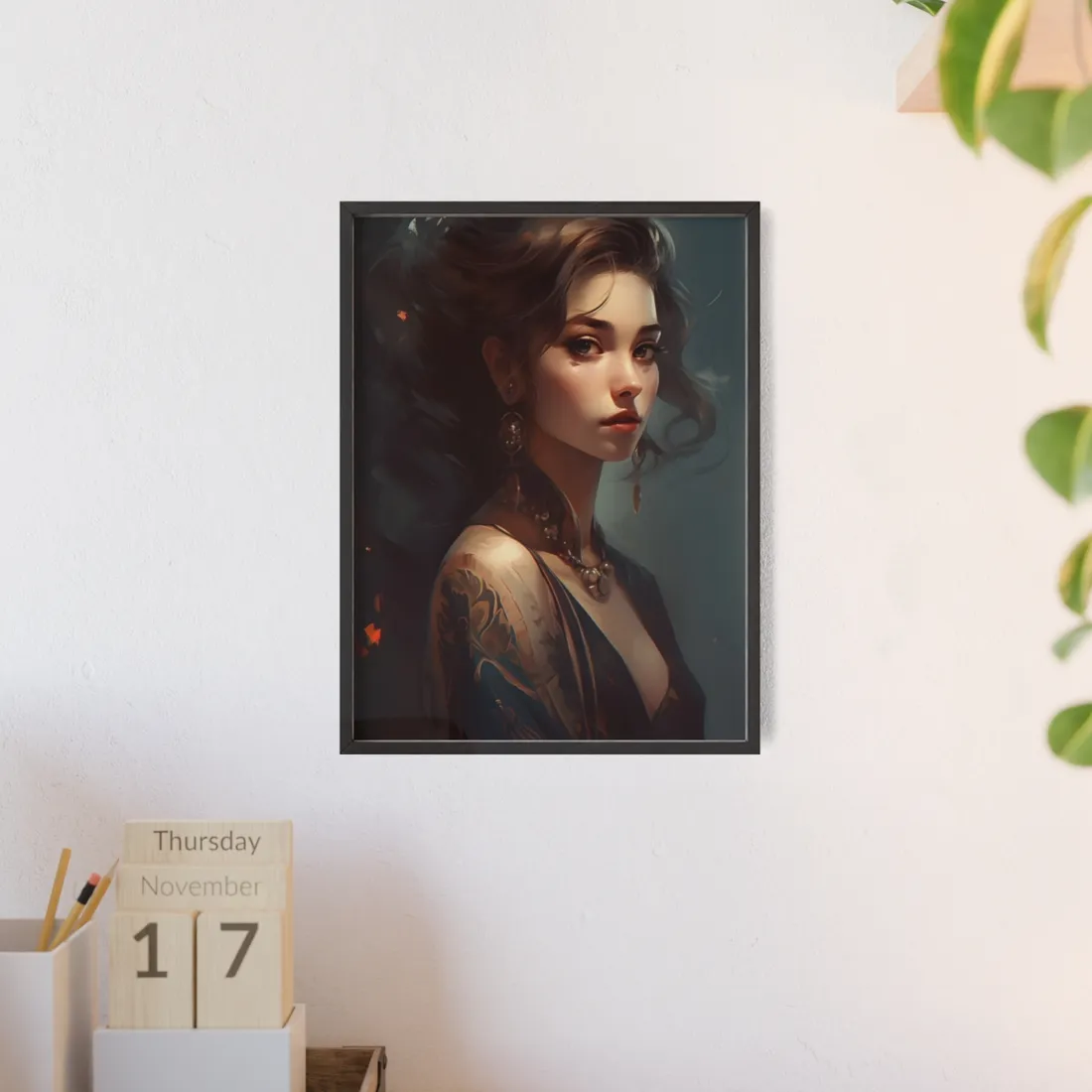 Astonishing Brunette Portrait: Elegant Female - Framed Poster