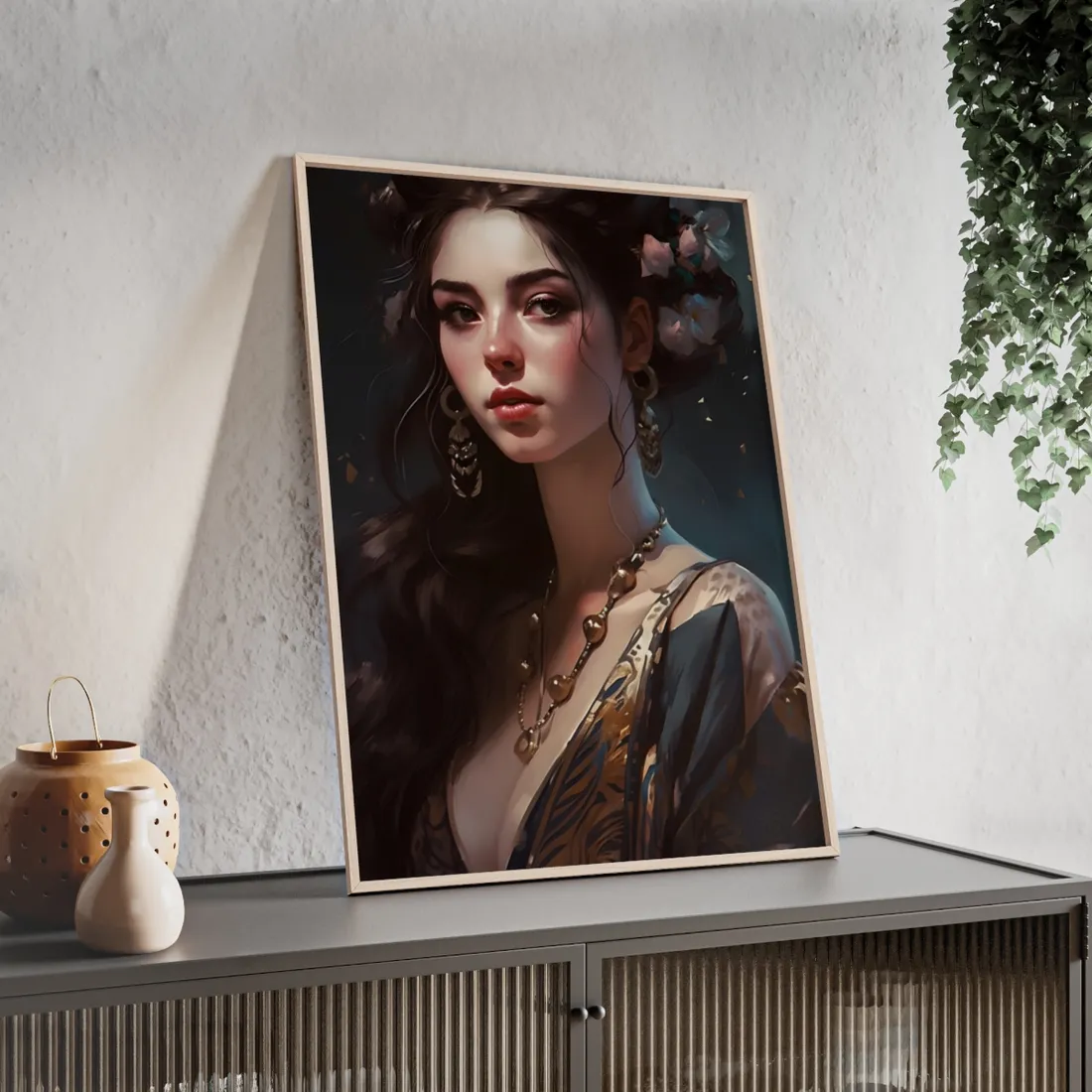 Astonishing Brunette Portrait: Makeup Profile Art - Framed Poster