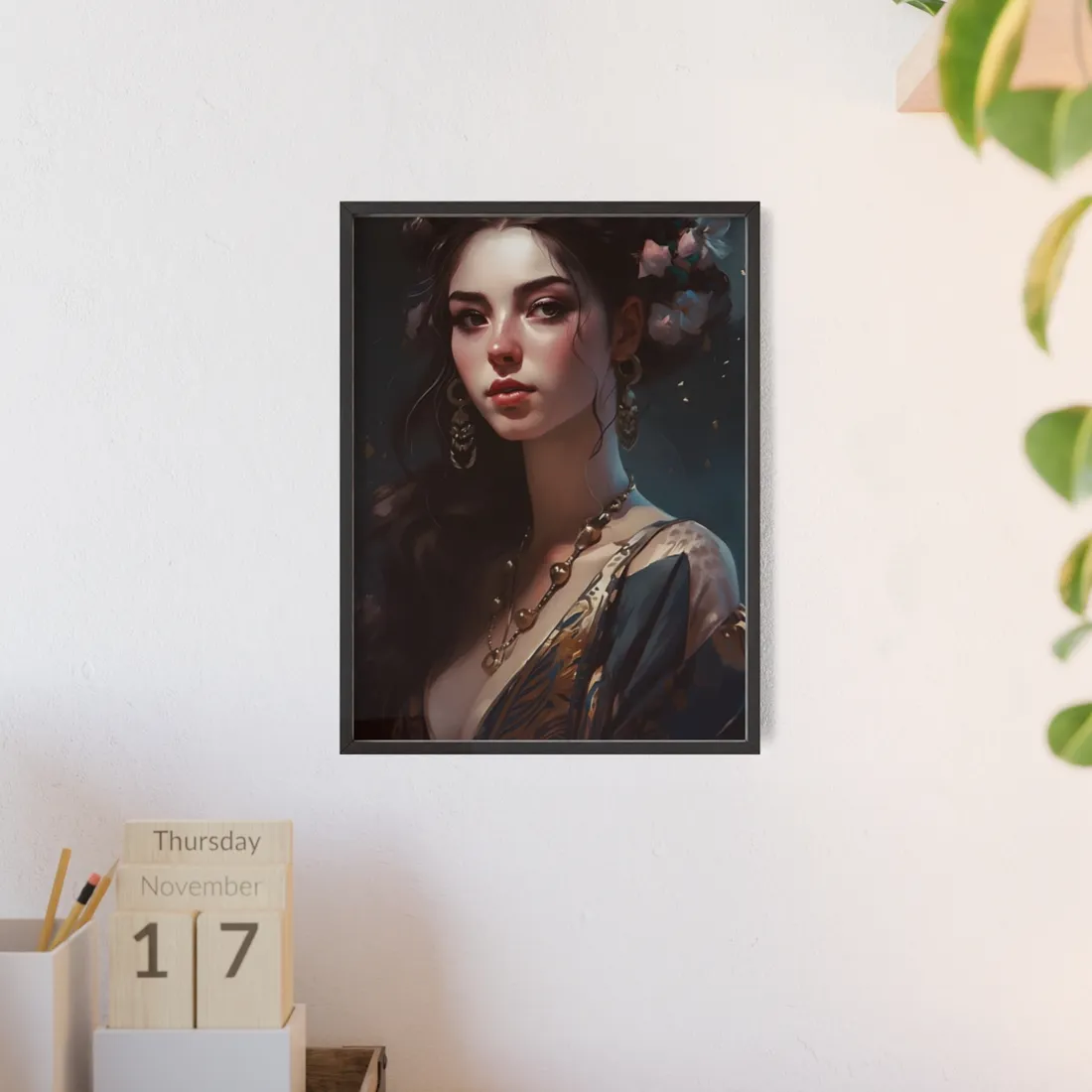 Astonishing Brunette Portrait: Makeup Profile Art - Framed Poster