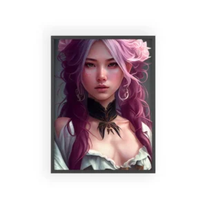 Pink Haired Woman with Flowers Framed Poster