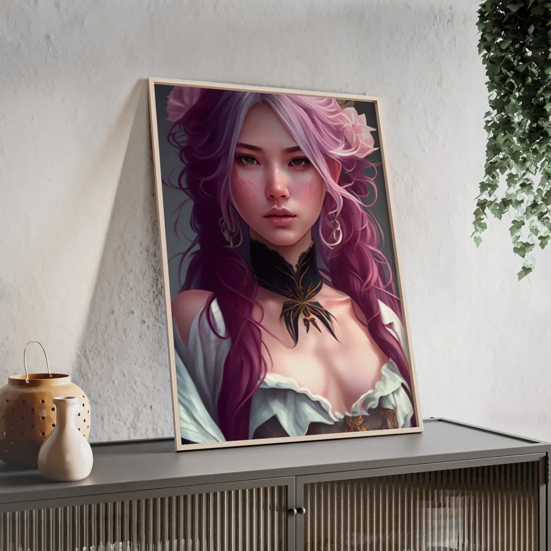 Astonishing Empowered Goddess: Pink Hair Portrait in Dreamscape - Framed Poster