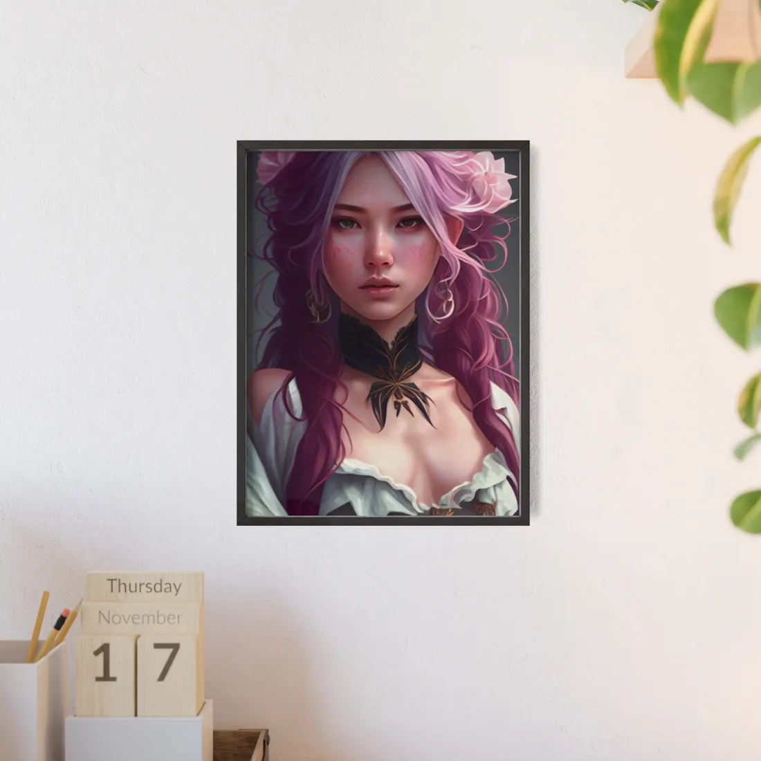 Astonishing Empowered Goddess: Pink Hair Portrait in Dreamscape - Framed Poster