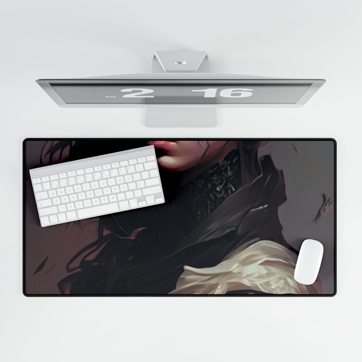 Astonishing Female Portrait: Black Hair and Dark Top Artwork - Desk Mat