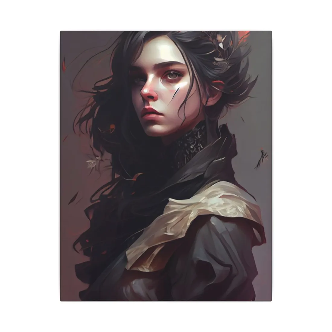 Astonishing Female Portrait: Black Hair and Dark Top - Canvas
