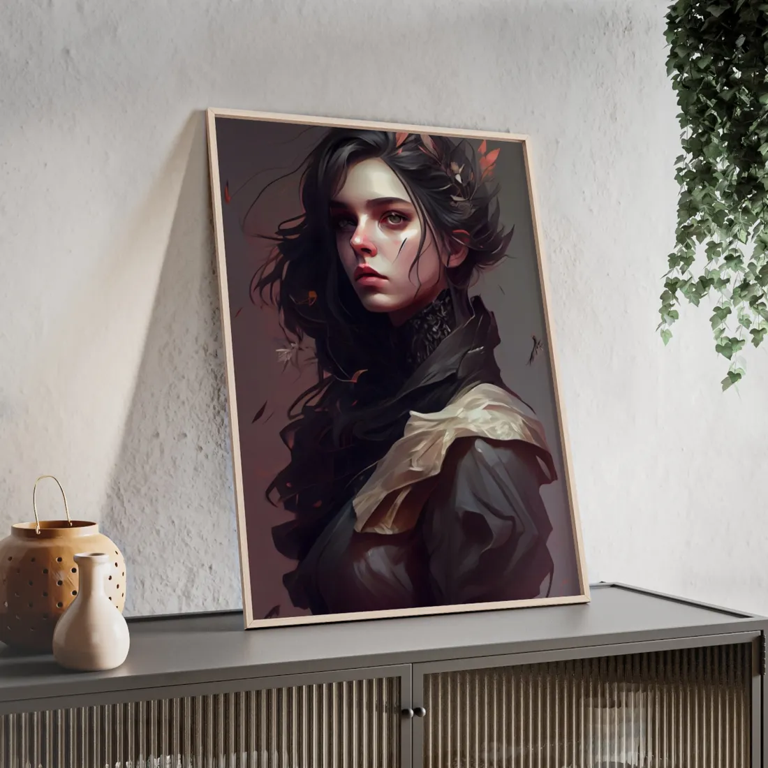 Astonishing Female Portrait: Black Hair and Dark Top - Framed Poster