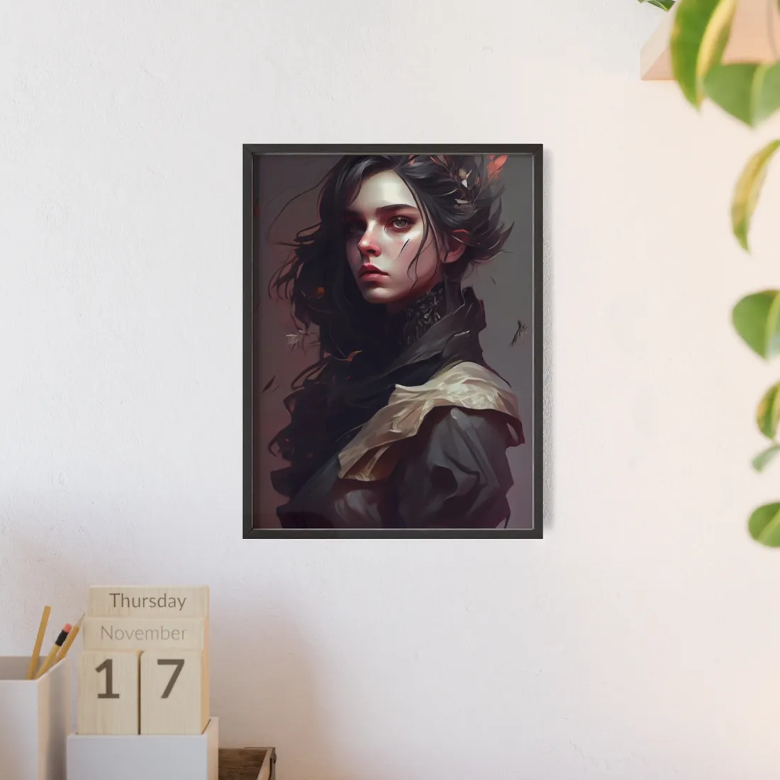 Astonishing Female Portrait: Black Hair and Dark Top - Framed Poster