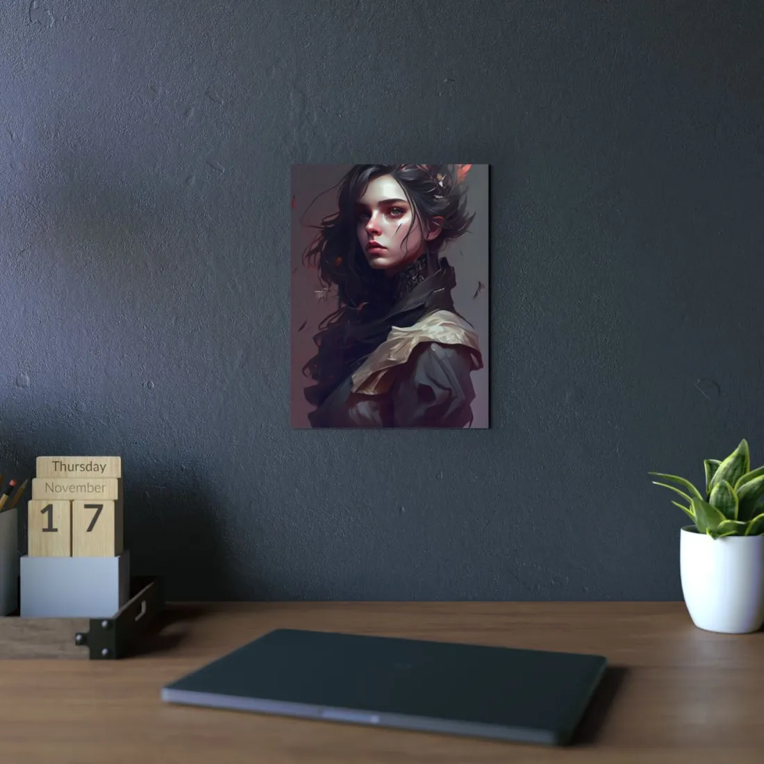 Astonishing Female Portrait: Black Hair and Dark Top - Metal Poster