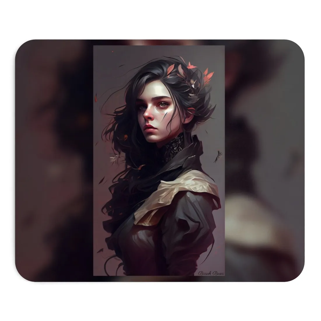 Astonishing Female Portrait: Black Hair and Dark Top - Mouse Pad