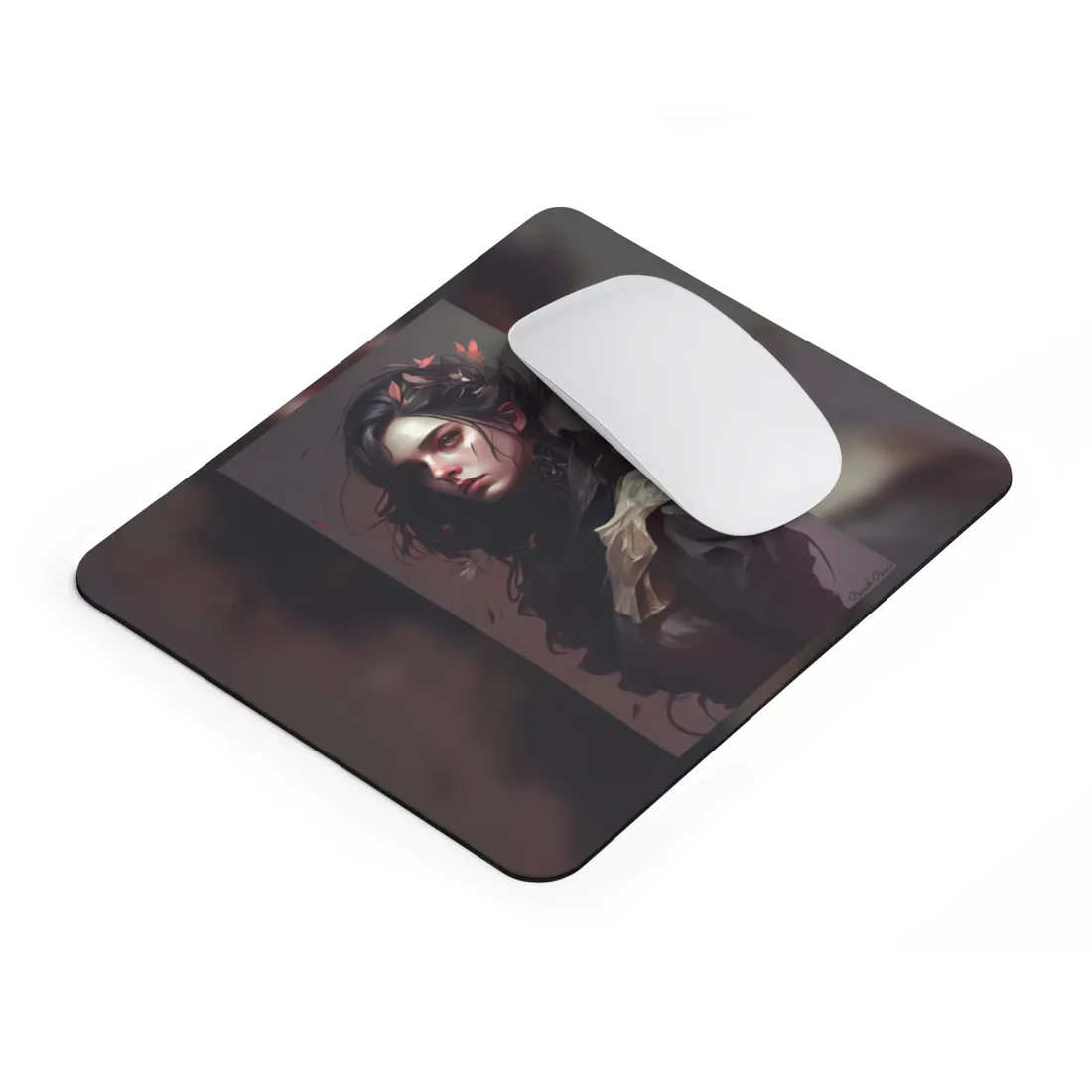 Astonishing Female Portrait: Black Hair and Dark Top - Mouse Pad