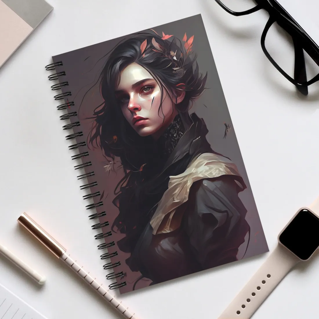 Astonishing Female Portrait: Black Hair and Dark Top - Spiral Notebook