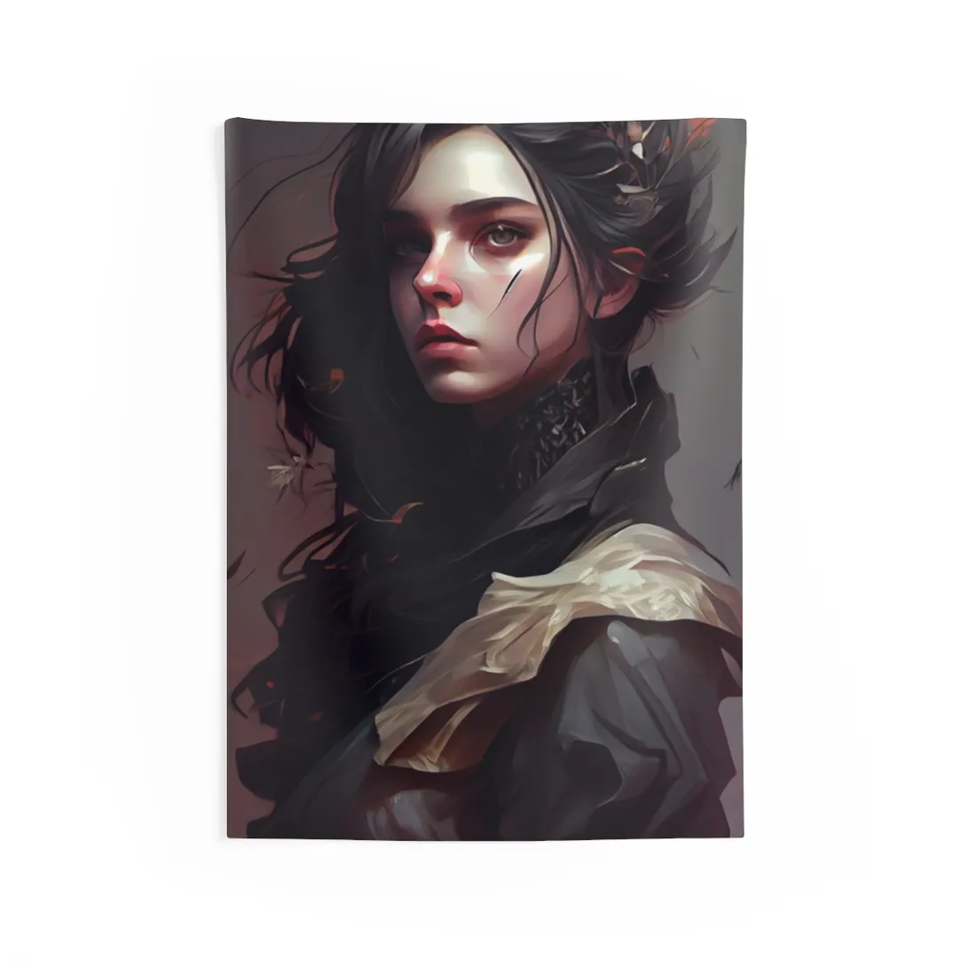 Astonishing Female Portrait: Black Hair and Dark Top - Wall Tapestry
