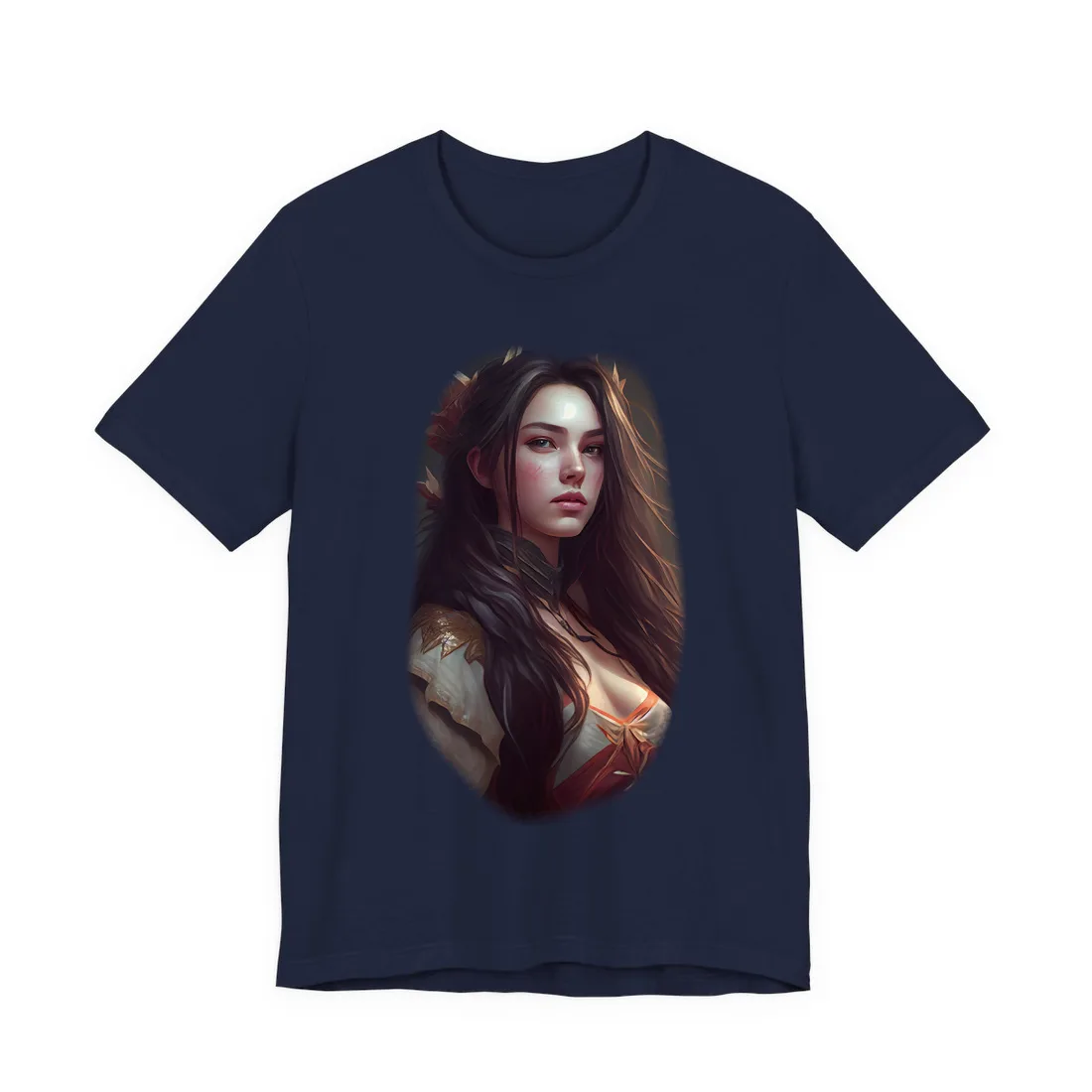 Fantasy portrait of a woman with long dark hair and golden spiked crown – T-Shirt, navy
