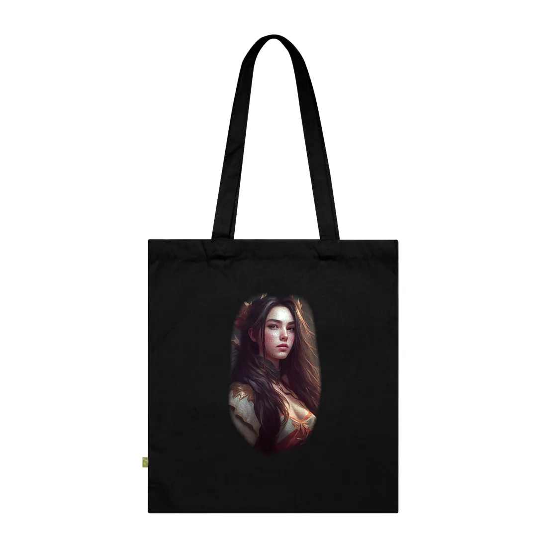 Fantasy portrait of a woman with long dark hair and golden spiked crown – Tote Bag, black