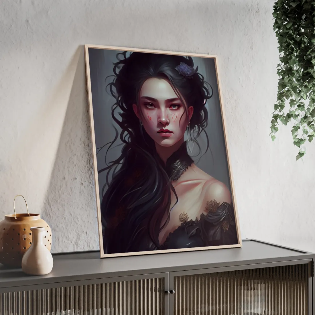 Astonishing Female Portrait: Dr. Black Hair Elegance - Framed Poster