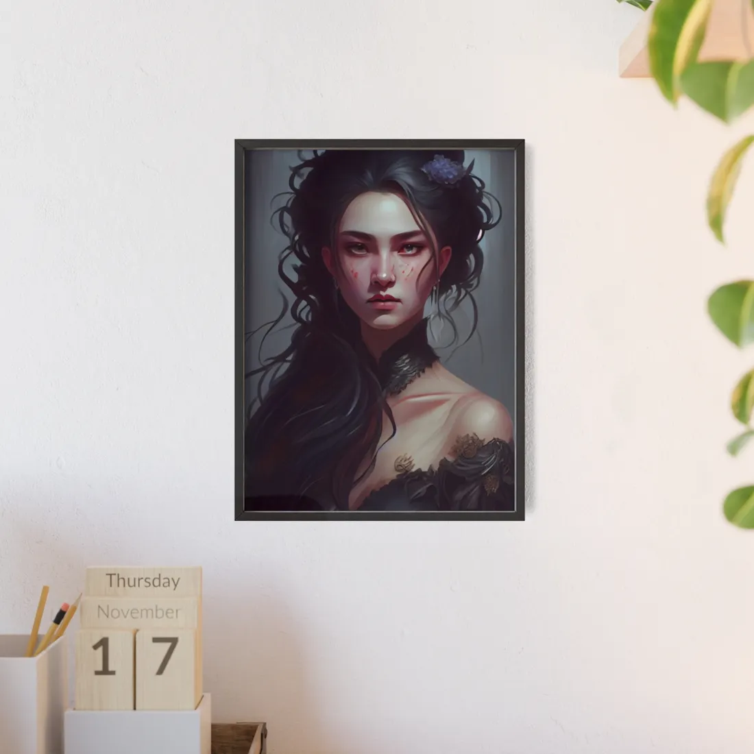 Astonishing Female Portrait: Dr. Black Hair Elegance - Framed Poster