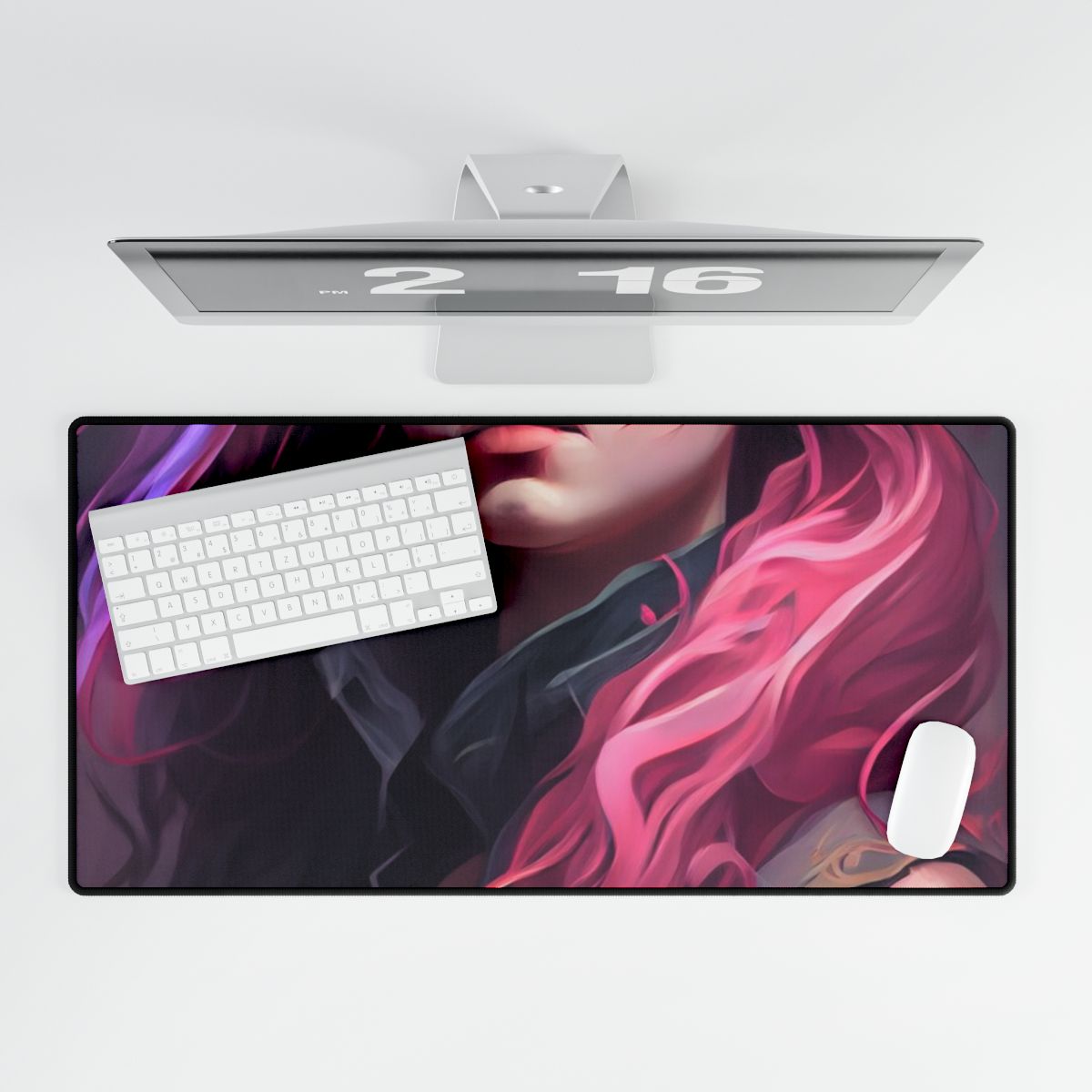 Astonishing Female Portrait: Stylized Pink Hair Artwork in Dre - Desk Mat