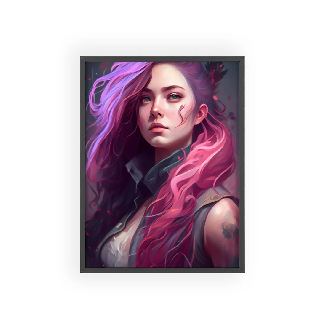 Astonishing Female Portrait: Stylized Pink Hair Artwork in Dre - Framed Poster