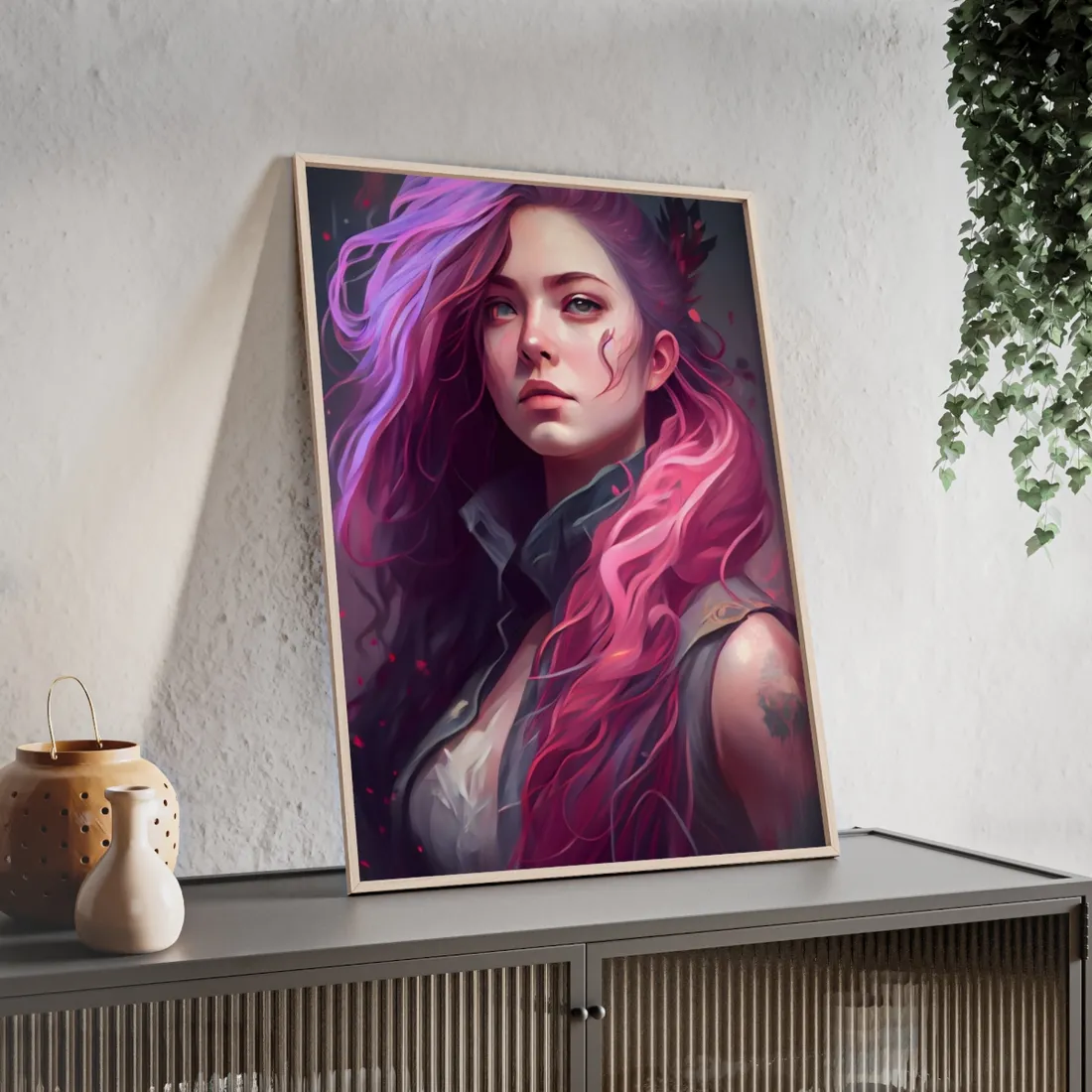Astonishing Female Portrait: Stylized Pink Hair Artwork in Dre - Framed Poster