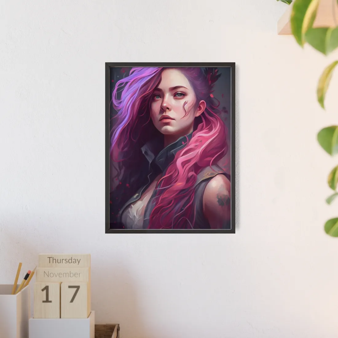 Astonishing Female Portrait: Stylized Pink Hair Artwork in Dre - Framed Poster