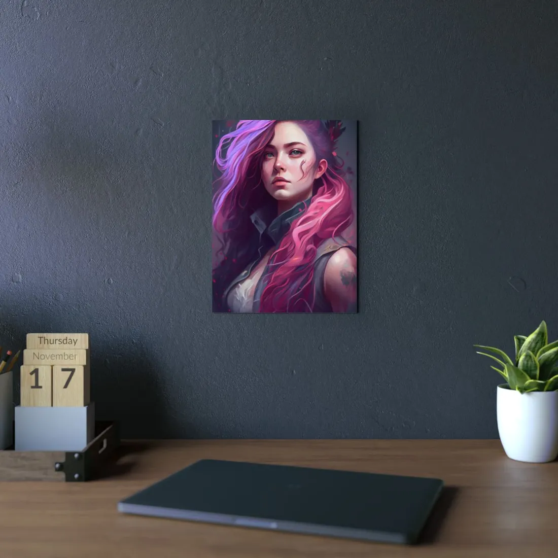 Astonishing Female Portrait: Stylized Pink Hair Artwork in Dre - Metal Poster