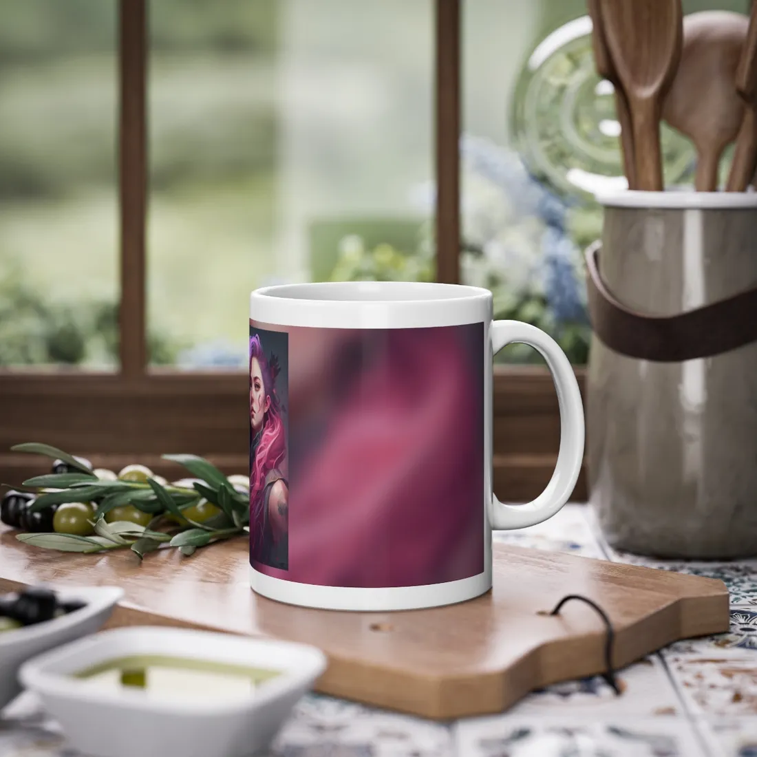 Astonishing Female Portrait: Stylized Pink Hair Artwork in Dre - Mug