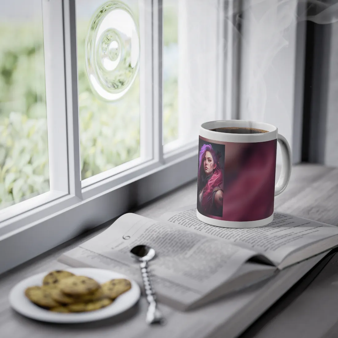 Astonishing Female Portrait: Stylized Pink Hair Artwork in Dre - Mug
