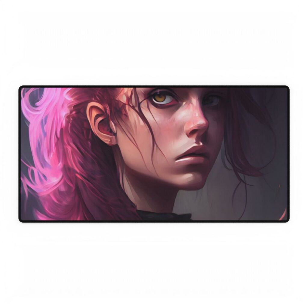 Astonishing Female Portrait: Vibrant Pink Hair Art - Desk Mat