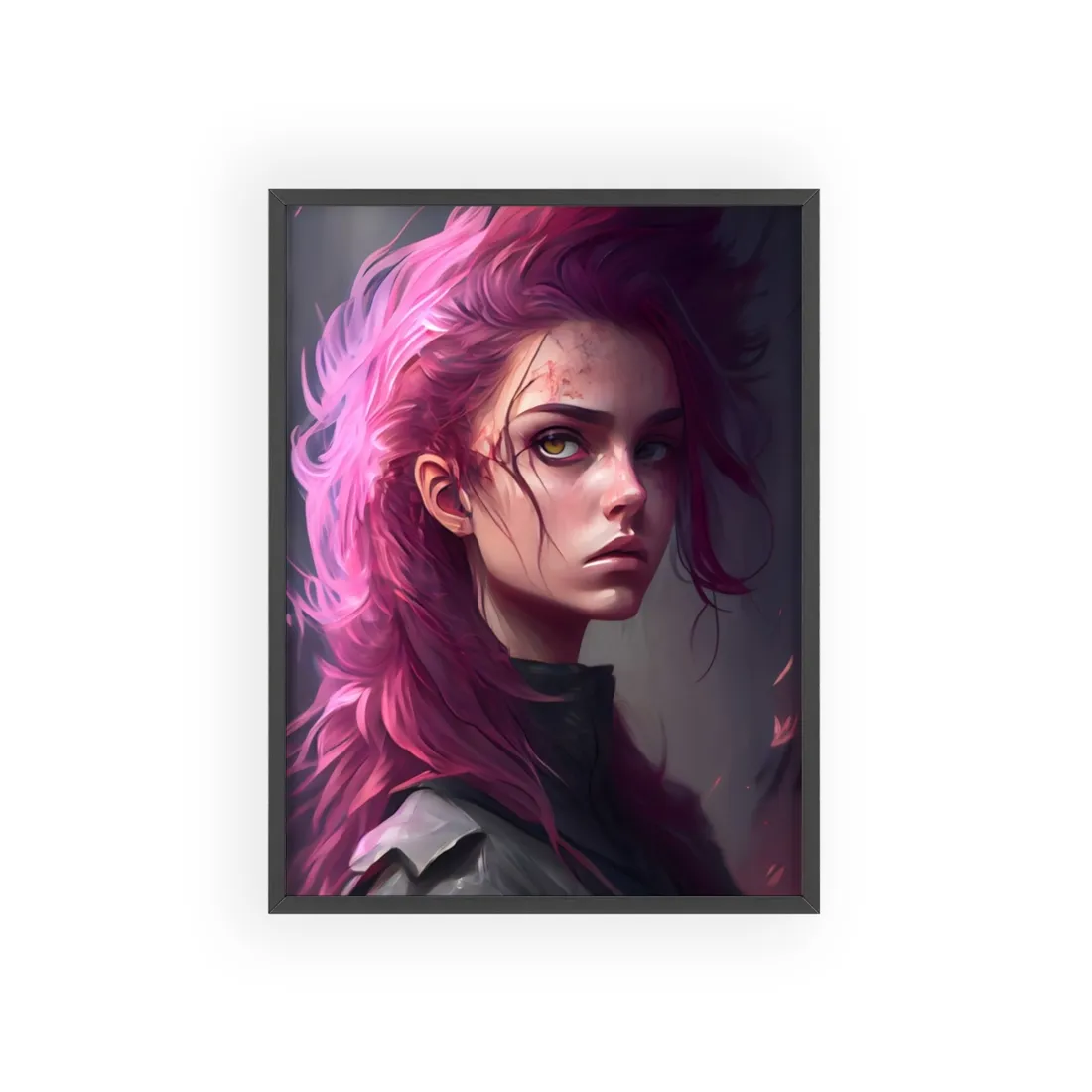 Astonishing Female Portrait: Vibrant Pink Hair Art - Framed Poster