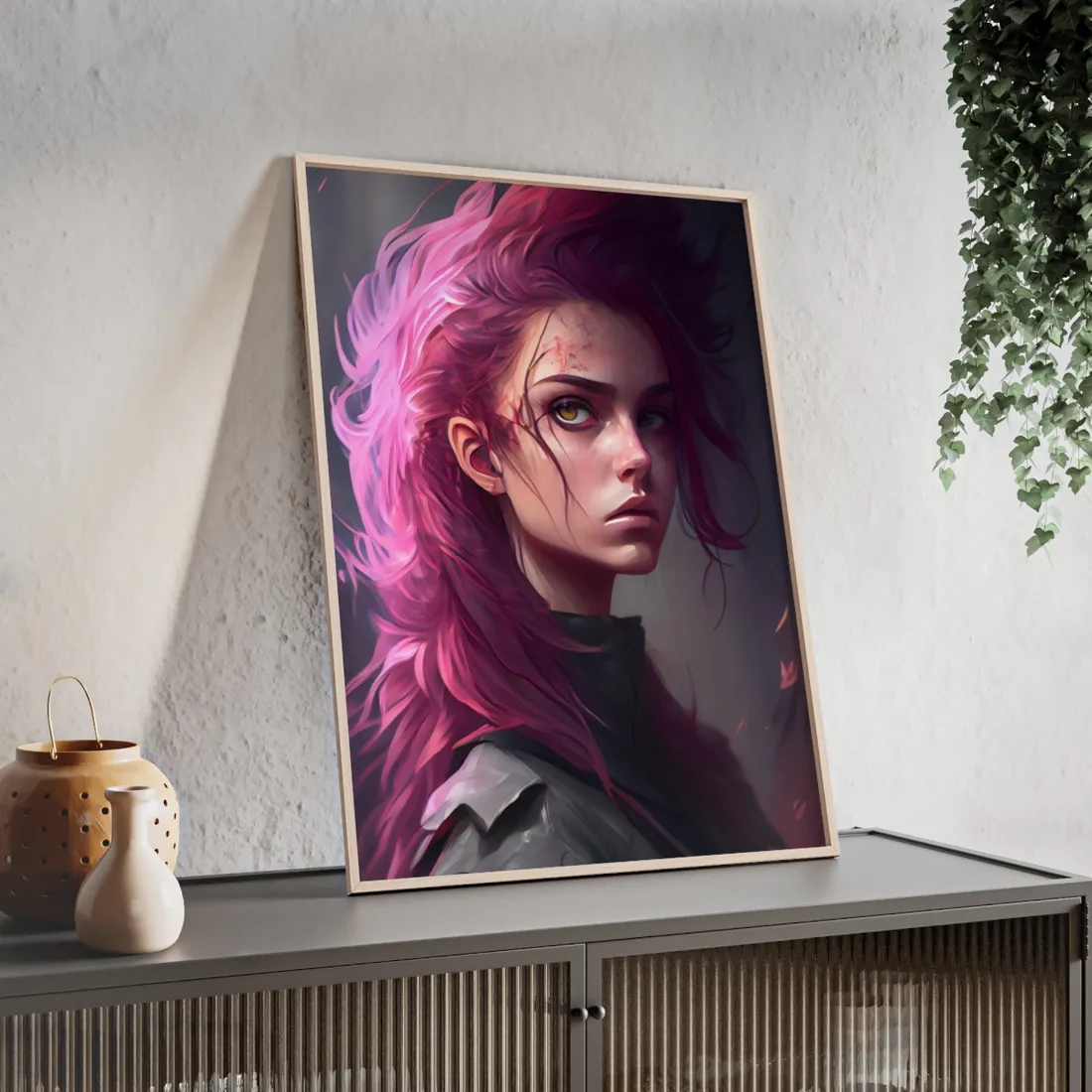 Astonishing Female Portrait: Vibrant Pink Hair Art - Framed Poster