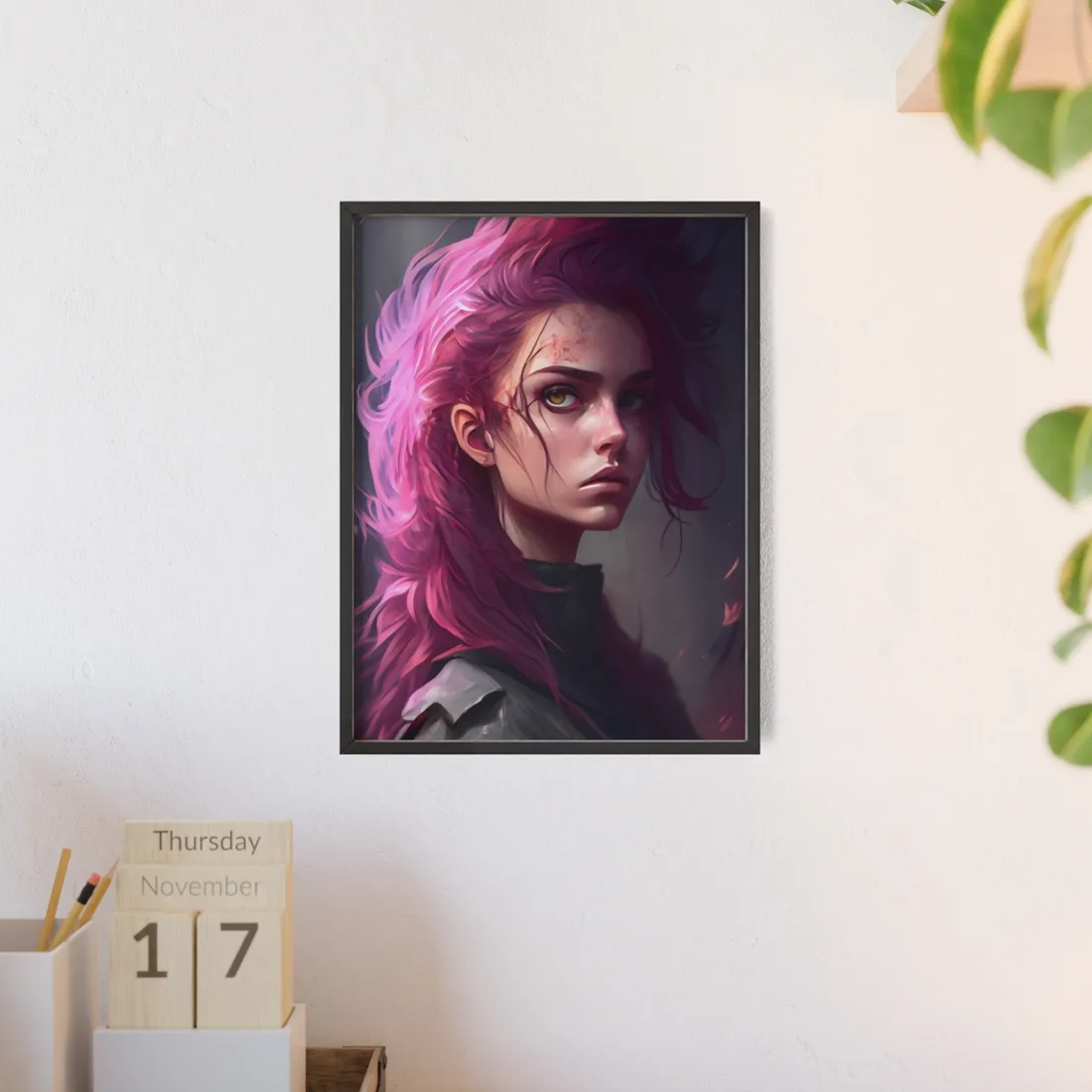 Astonishing Female Portrait: Vibrant Pink Hair Art - Framed Poster
