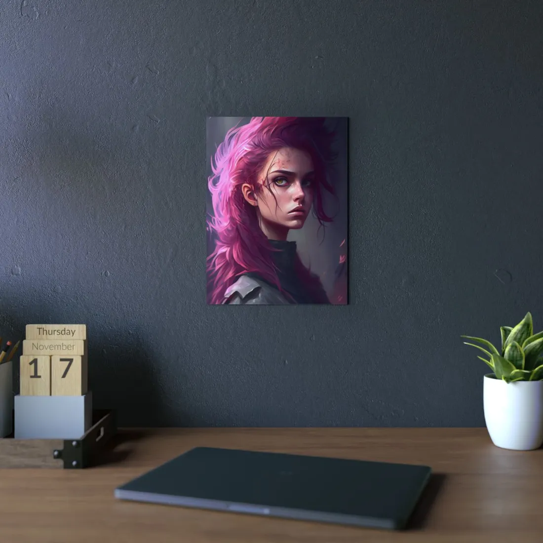 Astonishing Female Portrait: Vibrant Pink Hair Art - Metal Poster