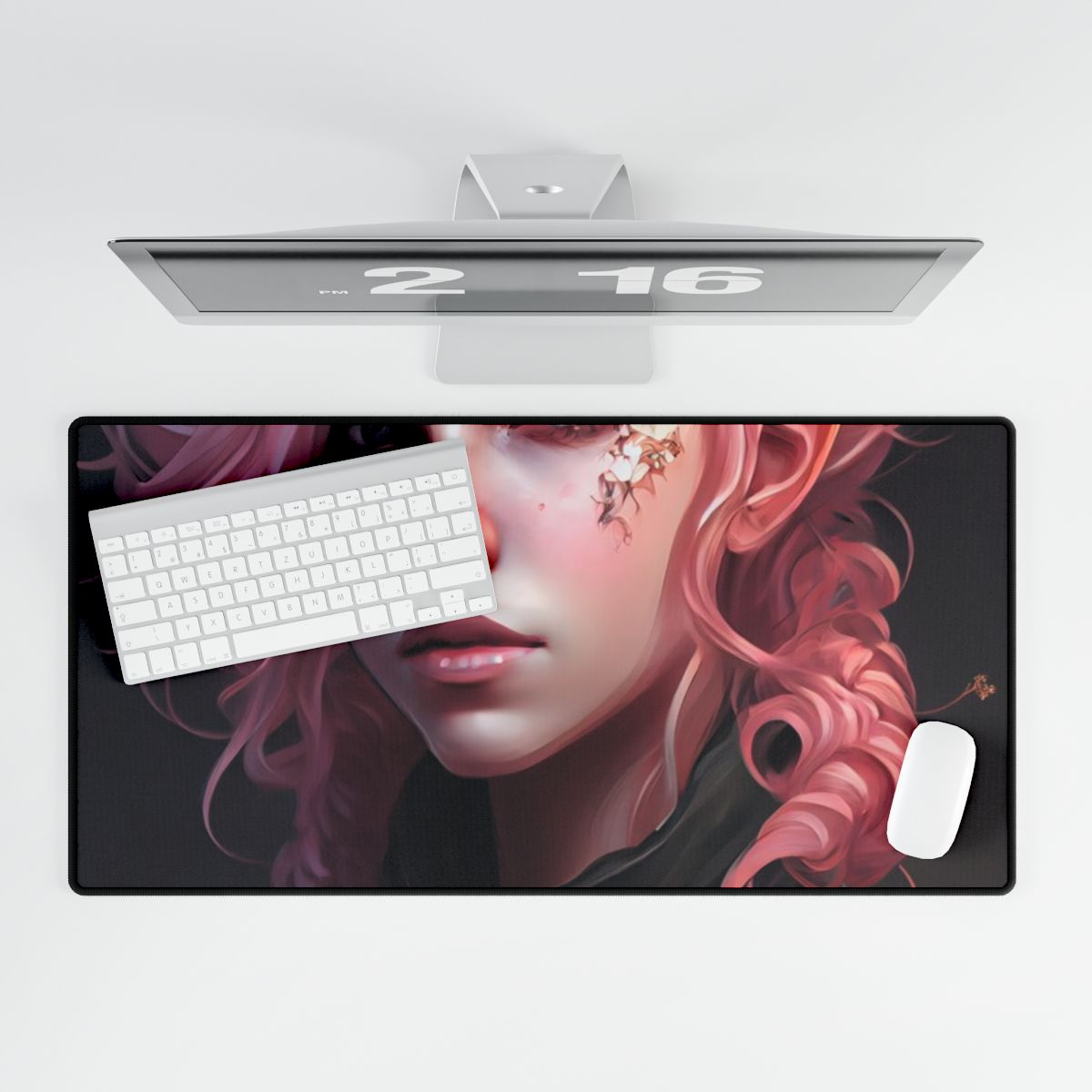 Astonishing Female Portrait: Vibrant Pink Hair in Dark Elegance - Desk Mat