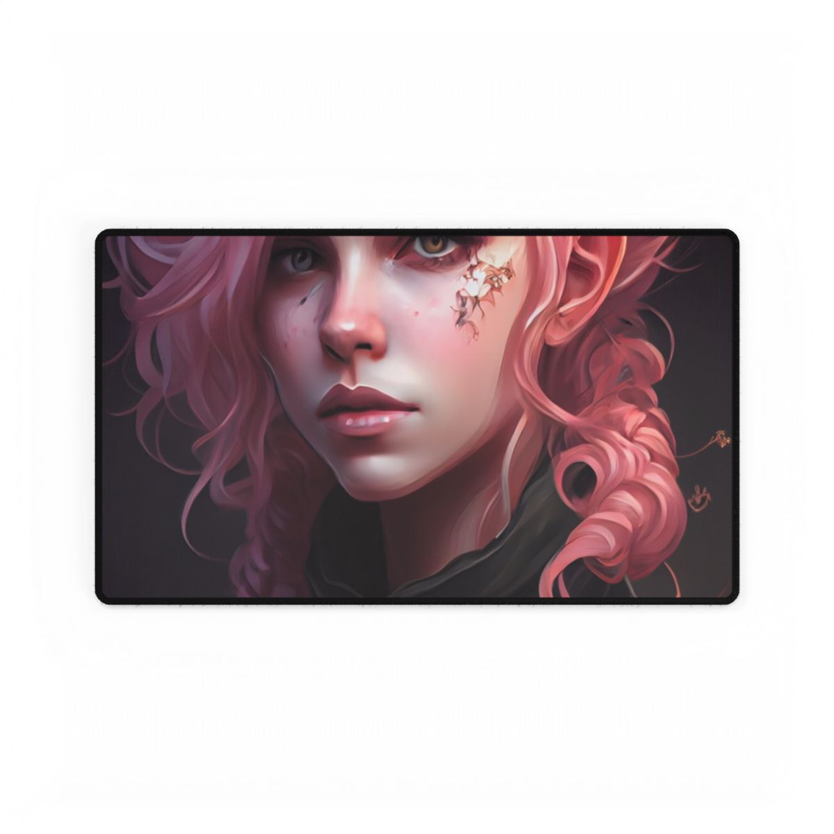 Astonishing Female Portrait: Vibrant Pink Hair in Dark Elegance - Desk Mat