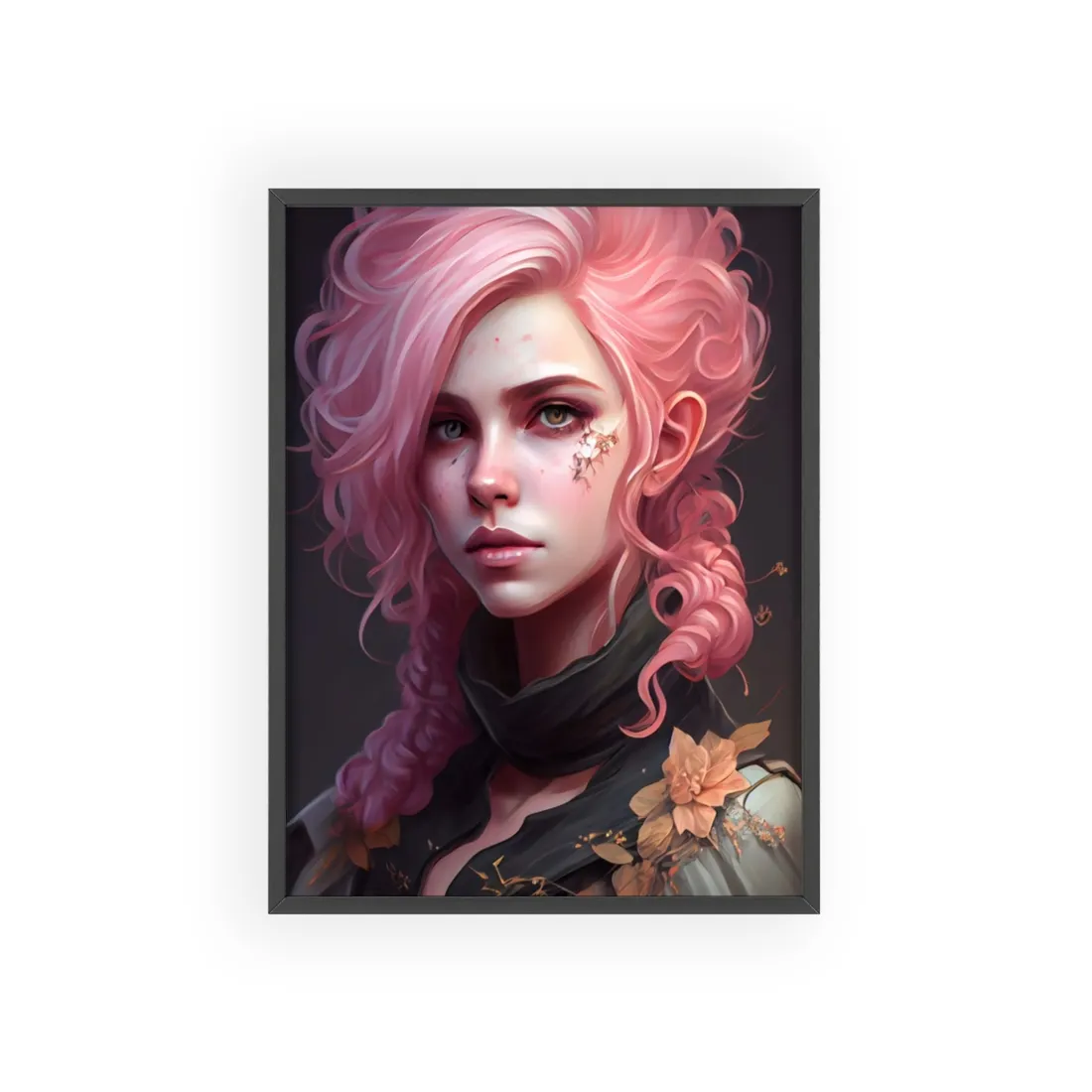 Astonishing Female Portrait: Vibrant Pink Hair in Dark Elegance - Framed Poster