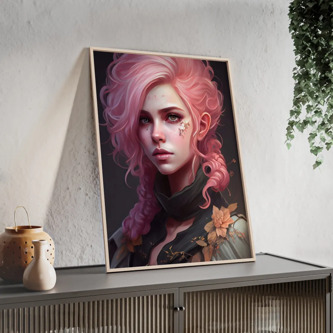Astonishing Female Portrait: Vibrant Pink Hair in Dark Elegance - Framed Poster