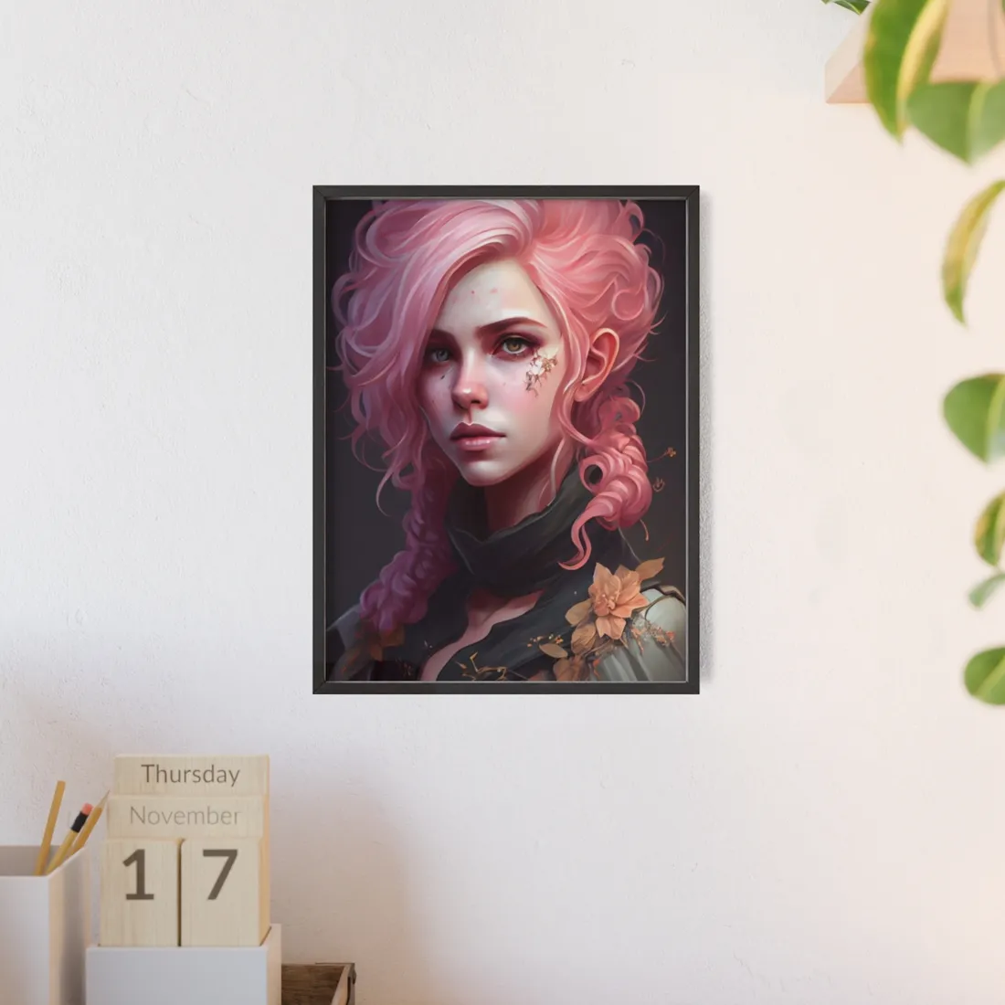 Astonishing Female Portrait: Vibrant Pink Hair in Dark Elegance - Framed Poster