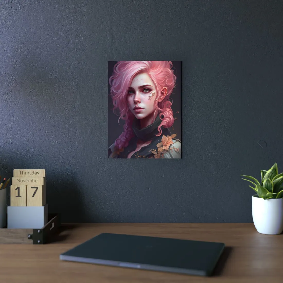 Astonishing Female Portrait: Vibrant Pink Hair in Dark Elegance - Metal Poster
